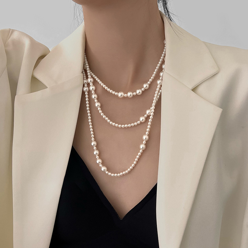 Pearl Choker Necklace Vintage - 女性のための長い多層パールネックレス、気質のネックレスチェーン、セーターチェーン、高級ジュエリーギフト、ヴィンテージ