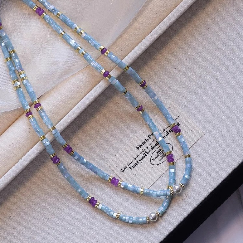 Pearl Choker Necklace Vintage - Minar 珍しいブルー天然石シェルパープルクリスタルビーズビーズネックレス女性用ゴールドチェーン模擬パールストランドチョーカー