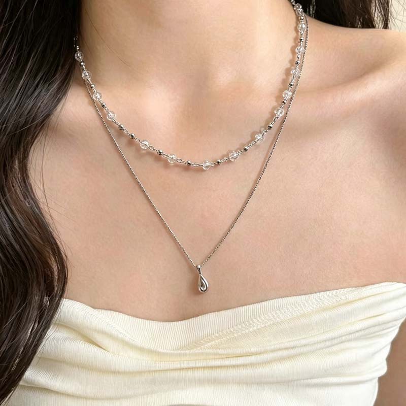 新しいファッション水滴ペンダント二層透明クリスタルチョーカー - Layered Pendant Necklace Aesthetic のレビューと価格